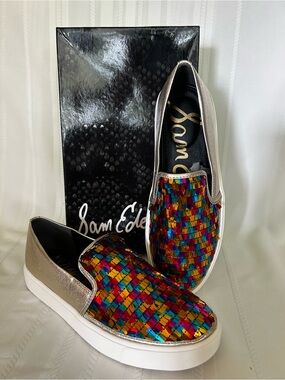 Sam Edelman Elton Womens 8.5 Multicolor Sequin Slip-On Sneakers Gold Trim